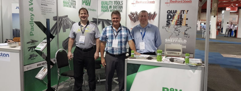 Bedford Steels’ Dean Watkinson, Glen Dalton from Tubes & Metals and Hans-Joachim Kopp from P&V welcoming customers to the stand.