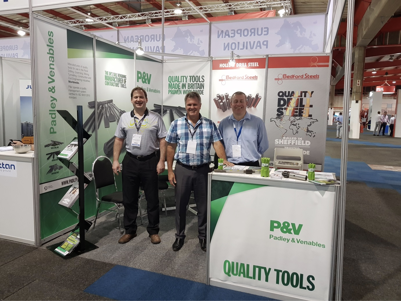 Bedford Steels’ Dean Watkinson, Glen Dalton from Tubes & Metals and Hans-Joachim Kopp from P&V welcoming customers to the stand.